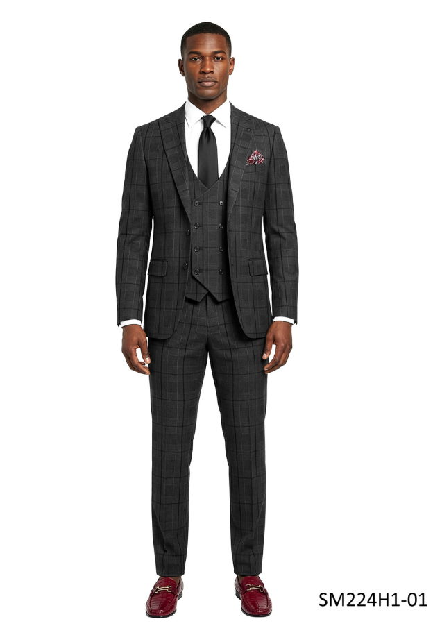 Stacy Adams Men's 3 Piece Hybrid Fit Micro Houndstooth Suit