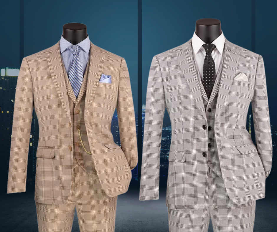 Plaid khaki suit with light blue shirt and tie; gray suit with white shirt and black tie; cityscape background