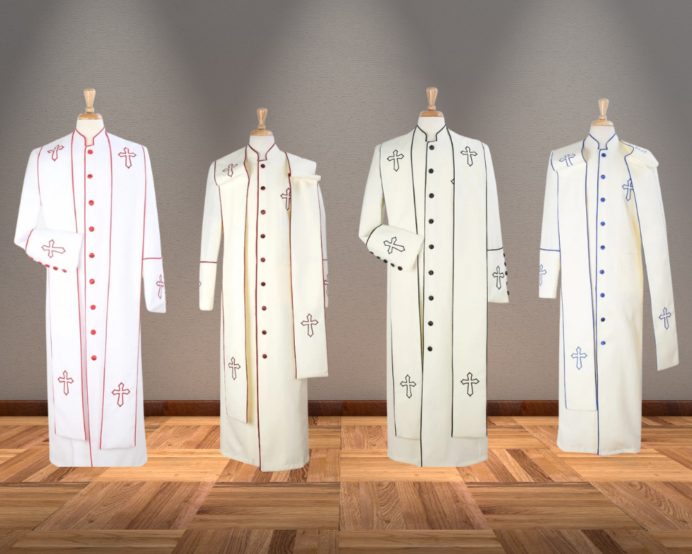 Tony Blake men's church robe in white with red, blue, black, and maroon detailing options
