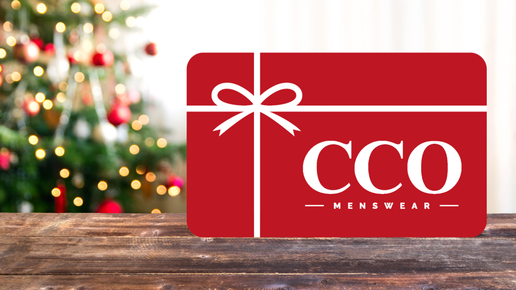 CCO Menswear gift card with Christmas tree in background