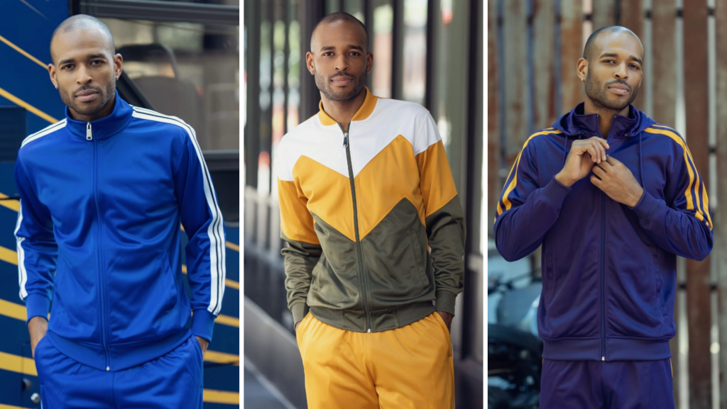 Montique Men's Tracksuit in royal blue with striped sleeves, chevron yellow/white/olive, and navy with yellow stripes on sleeves
