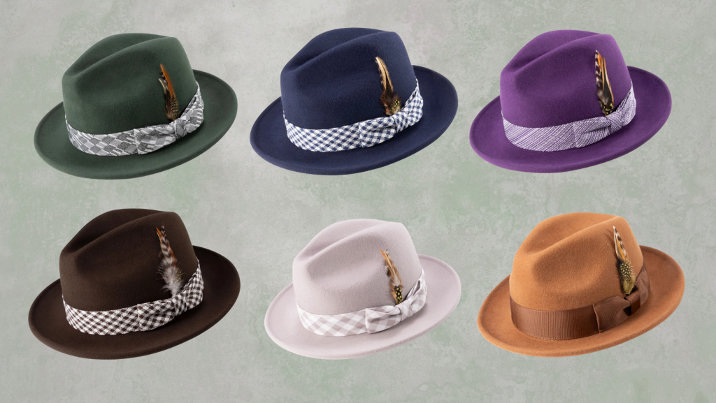 Montique wool fedoras in olive, navy, purple, brown, off-white, and tan