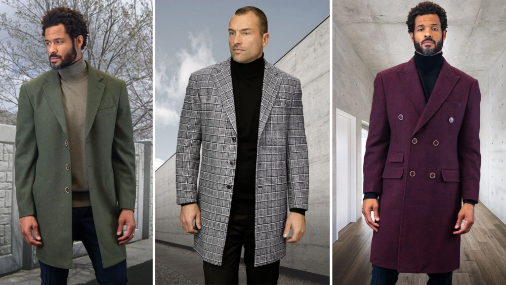 Men modeling Statement Wool Top Coat in Olive, Black, and Maroon