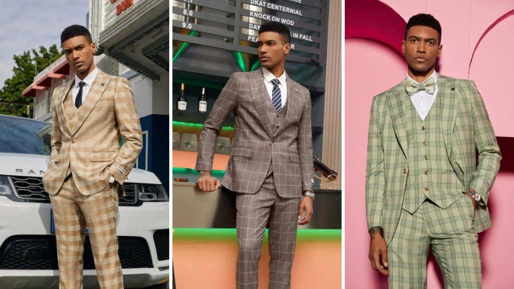Three images of the same man wearing plaid hybrid fit suits in tan, gray, and green - slim fit suit