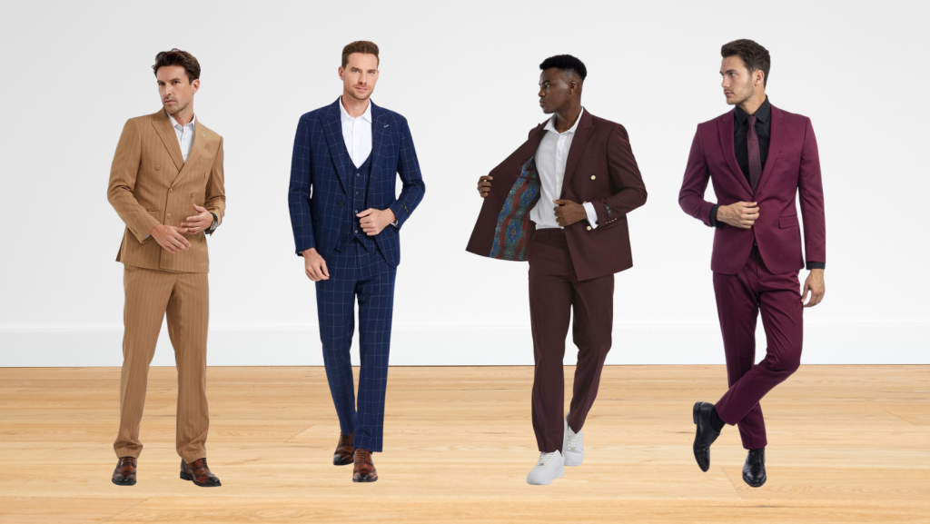 Men wearing skinny fit suits in tan, navy, brown, and maroon - slim fit suit