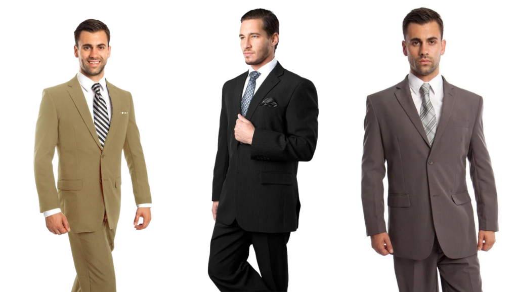 three men wearing tailored fit suits in tan, black, and gray - slim fit suit