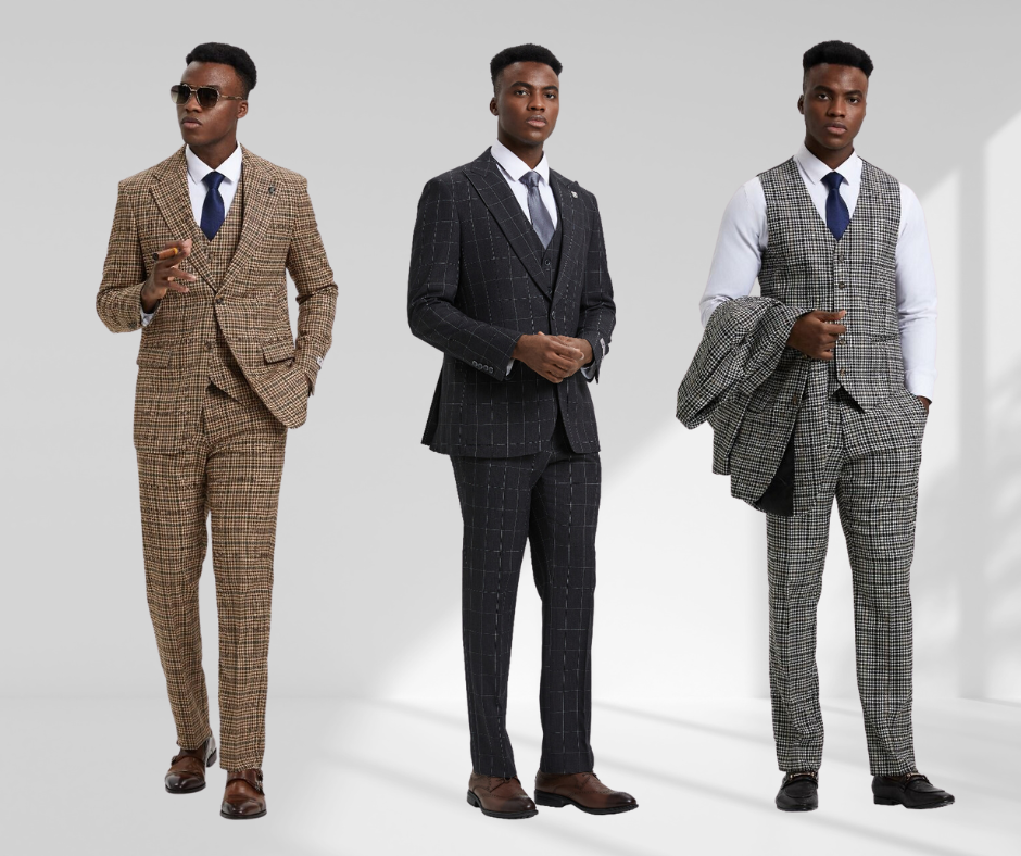 same man in three different suits: tan plaid, black windowpane, and gray plaid