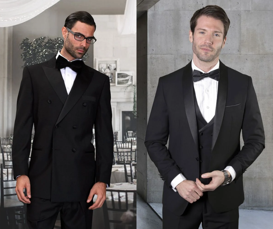 side by side images of men wearing two different styles of black tuxedos