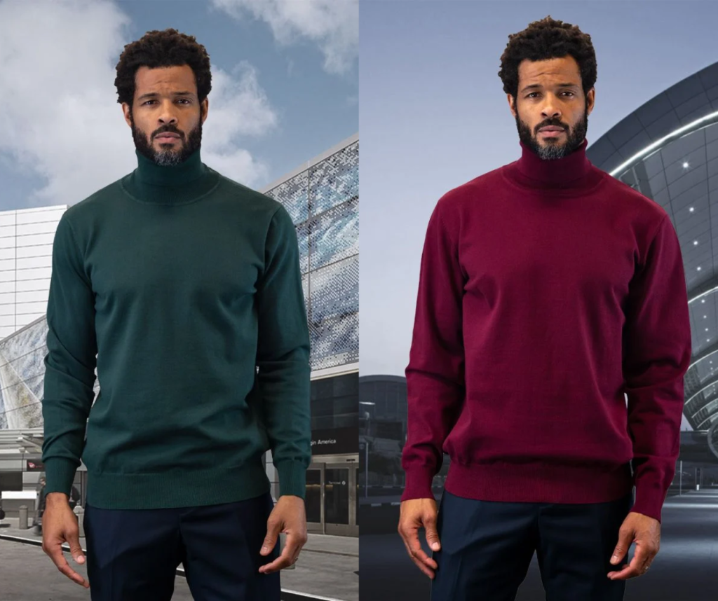 Side by side images of man wearing turtleneck sweaters in red and green