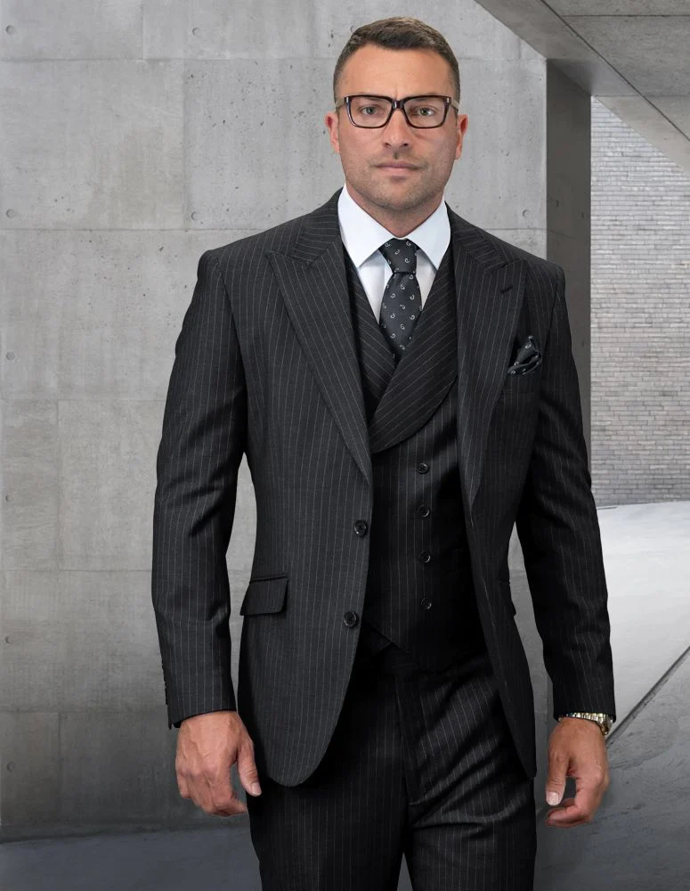 black pinstripe suit with single-breasted jacket and double-breasted vest