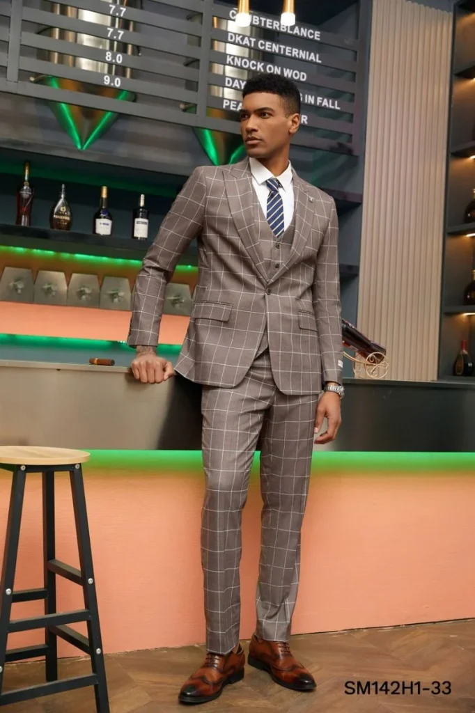 three-piece tan windowpane suit