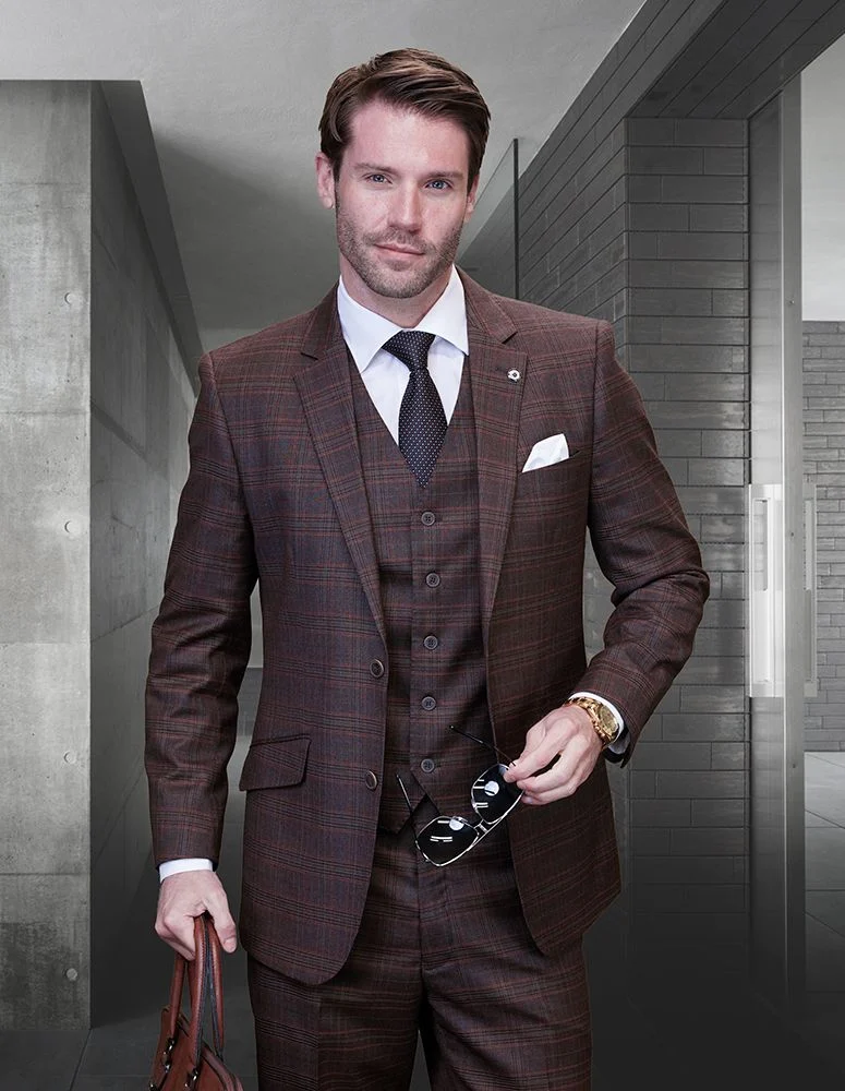 Man wearing three-piece, single-breasted, brown plaid suit