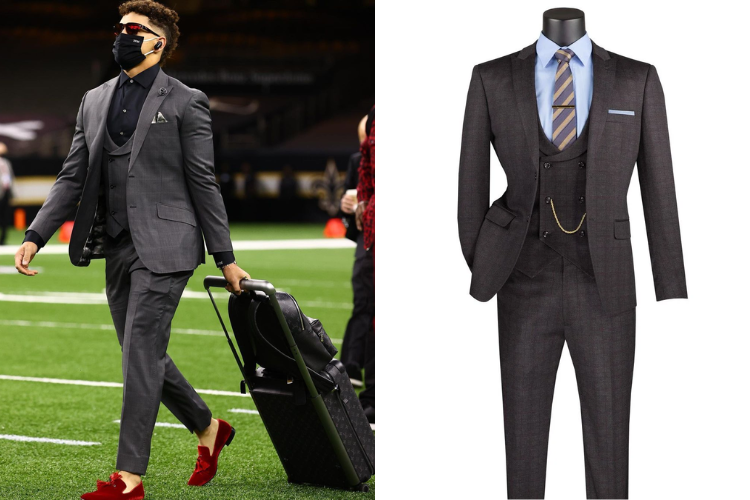 Austin Mahomes wearing three-piece gray suit with U-shaped vest side by side with comparable suit from CCO Menswear