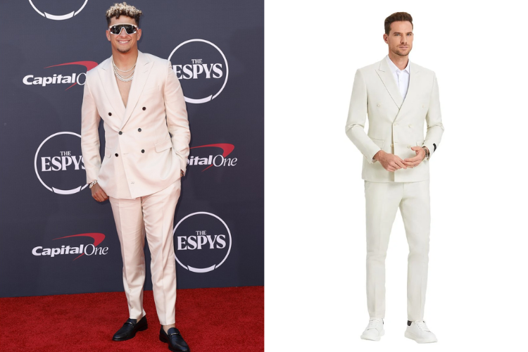 austin mahomes wearing double breasted white suit on espys red carpet side by side with comparable suit from cco menswear