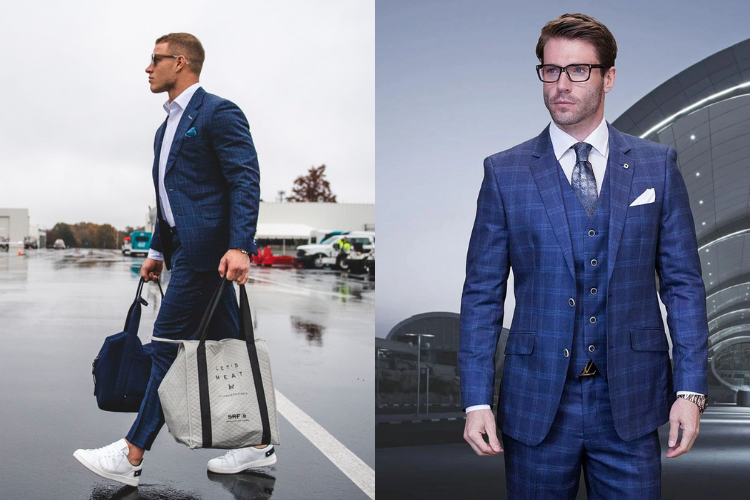 christian mccaffrey wearing a deep blue plaid suit side by side with a similar cco menswear suit style