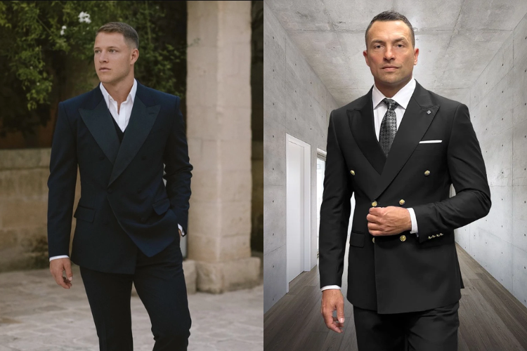 christian mccaffrey wearing a black suit with wide lapel next to comparable cco menswear suit