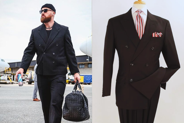 Travis Kelce wearing double-breasted black suit side by side with comparable suit option from CCO Menswear