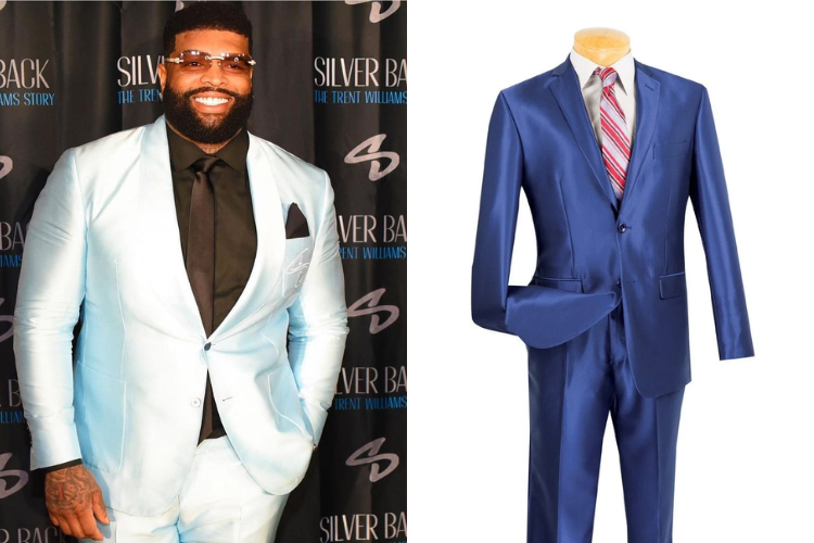 trent williams wearing baby blue shiny sharkskin suit on red carpet side by side with deep blue sharkskin suit from cco menswear