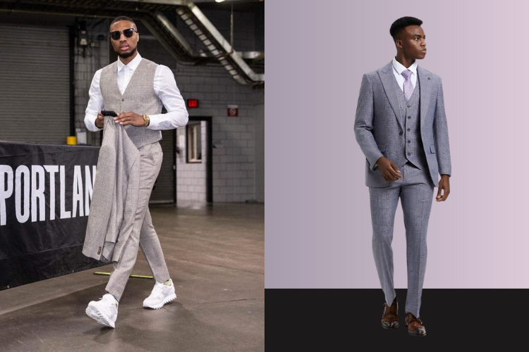 Damian Lillard wearing 3-piece gray plaid suit side by side to similar suit from CCO Menswear NBA fashion