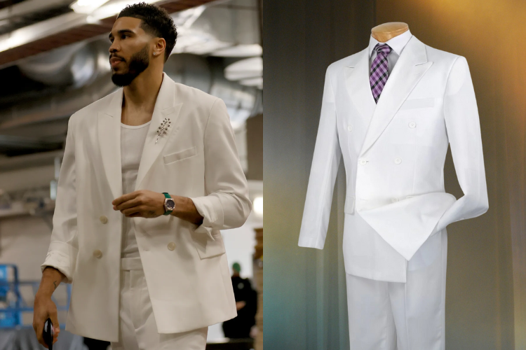 NBA fashion Jayson Tatum wearing white Miami-style suit next to a comparable two-piece suit from CCO Menswear