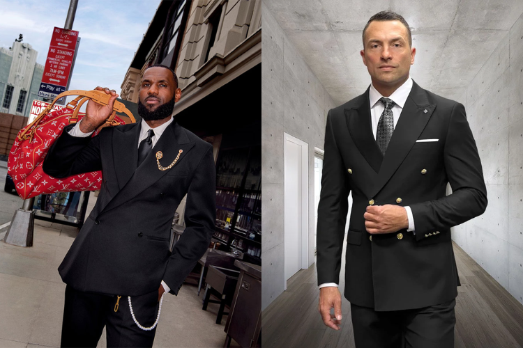 NBA fashion Lebron James wearing black wide-lapel suit with satin finish side by side with a comparable CCO Menswear Suit