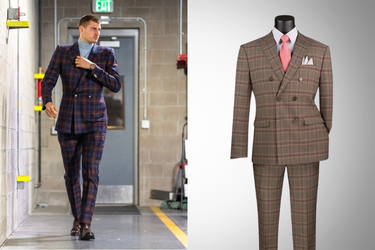 Nikola Jokić NBA Fashion wearing plaid double breasted suit. CCO Menswear similar suit in brown