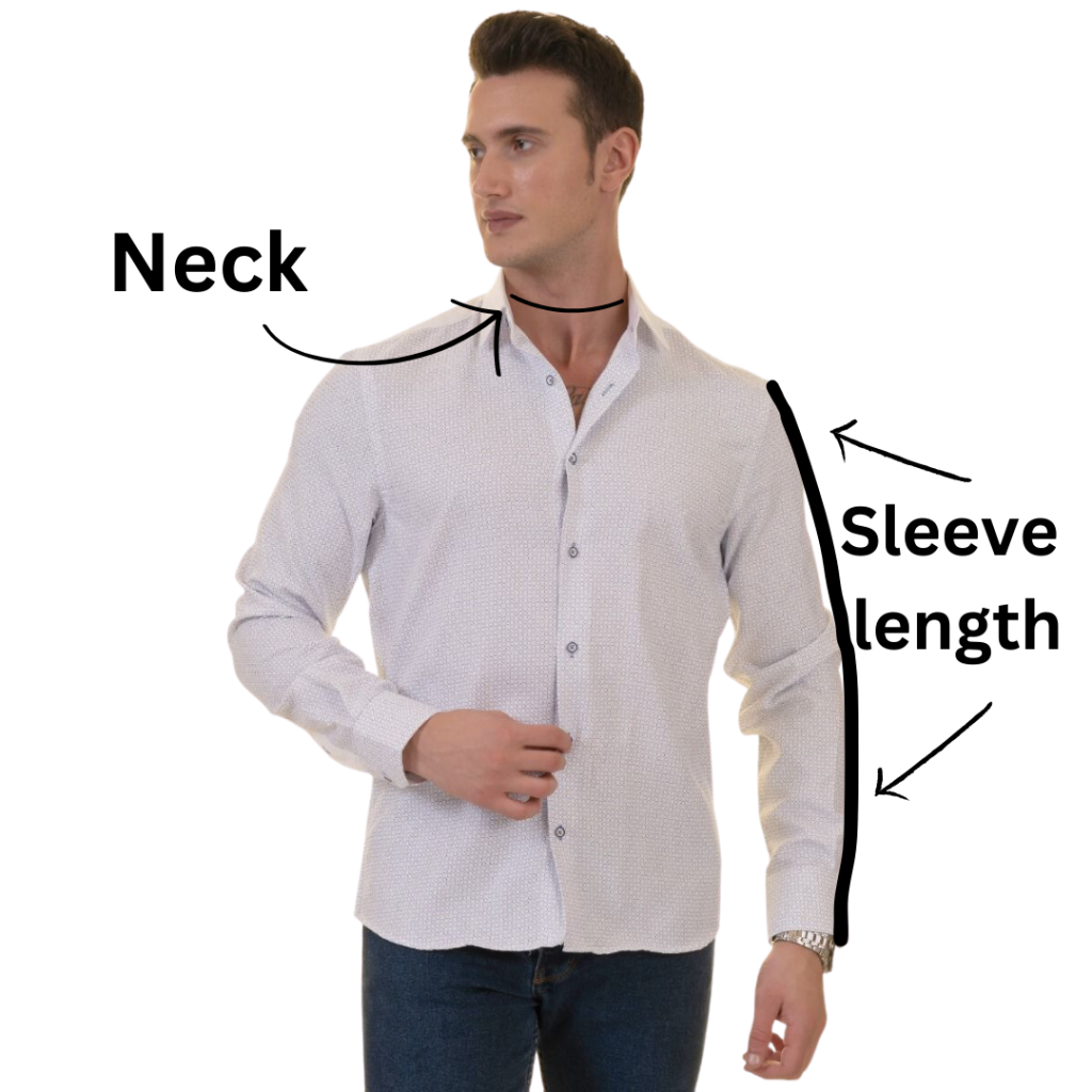Man wearing dress shirt with arrows indicating neck circumference and sleeve length