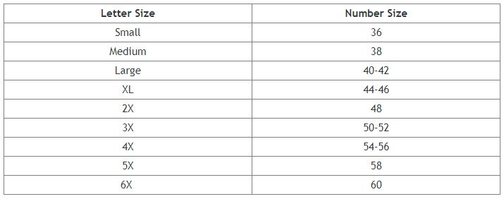 Chart showing clothing number sizes compared to S, M, L, etc.