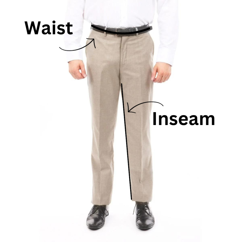 Man wearing khaki pants with arrows identifying the waist and inseam