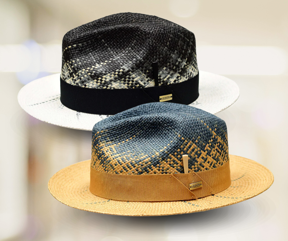 blue and khaki + black and white straw hats from cco menswear against faded background of a retail store