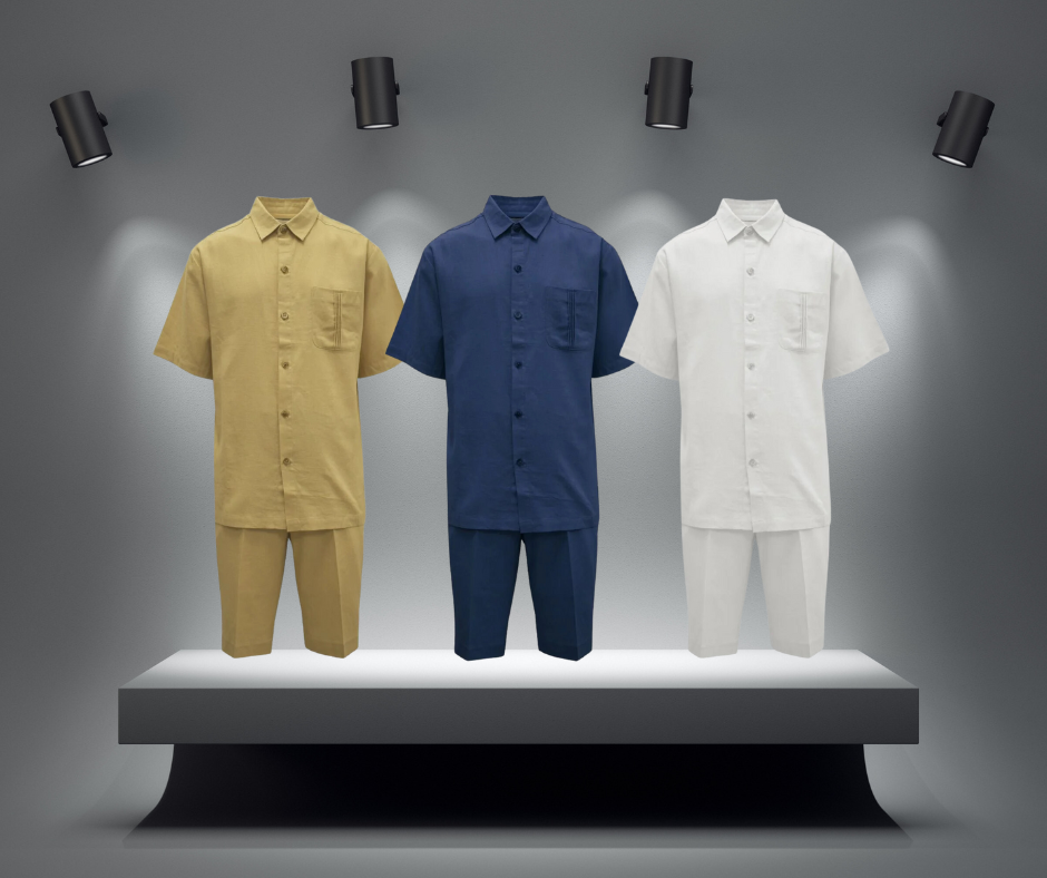 khaki, navy, and white linen-blend, short-sleeve walking suits on gray, black, and white graphic of platform with spotlights on them