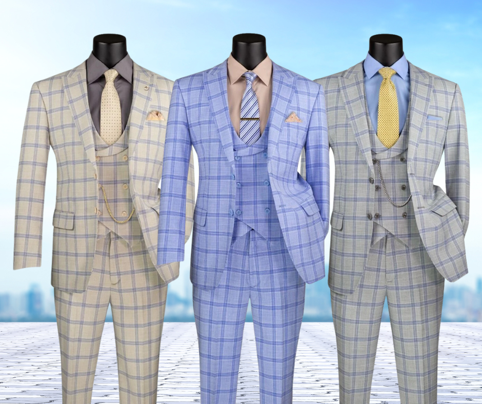 Vinci Men's 3 Piece Modern Fit Suit - Smooth Windowpane in Light Beige, Light Blue, and Light Grey