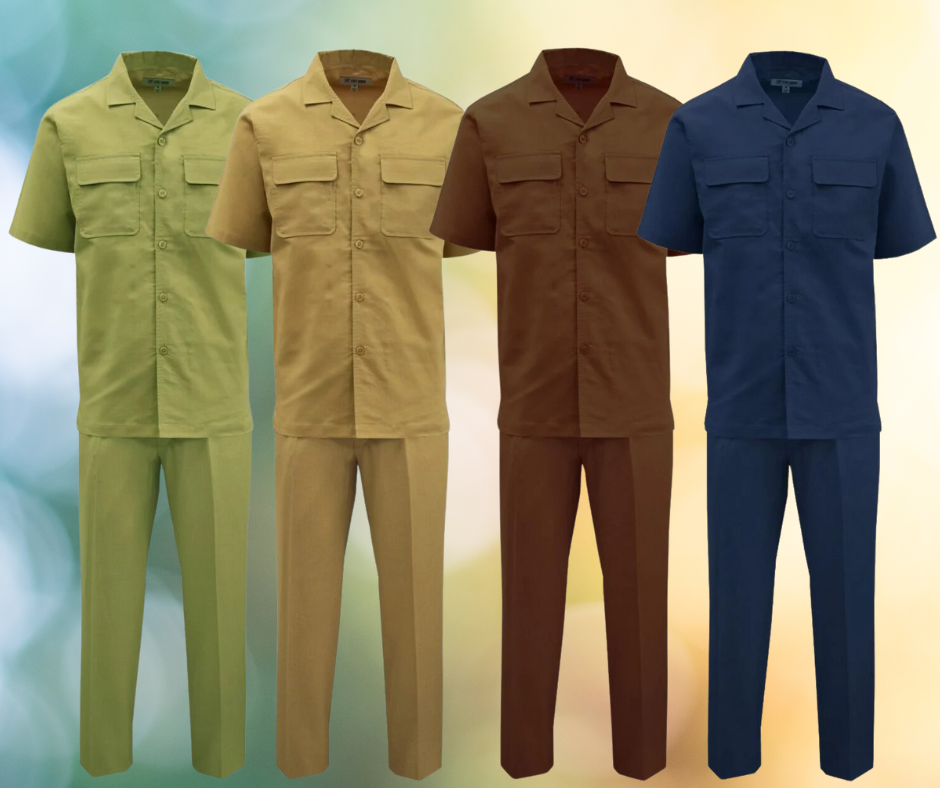 Stacy Adams 2 Piece Walking Suit - Short Sleeve Linen in green, khaki, brown, and navy