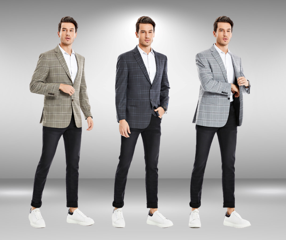 Tazio Men's Skinny Fit Fashion Sport Coat in Plaid, Tan, Dark Gray, Light Gray