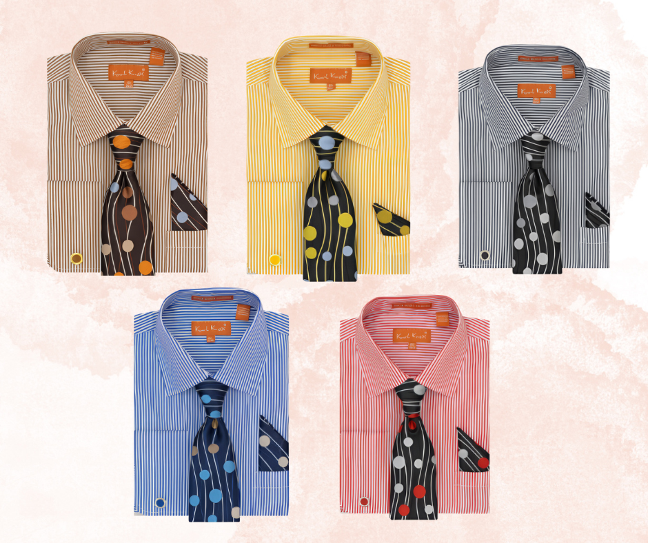 Karl Knox French Cuff Shirt Set in Pinstripe in black, blue, gold, red, and tan
