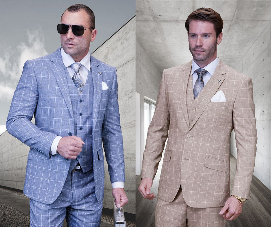 two men wearing 100% wool suits in "light windowpane" pattern - one in blue and one in tan