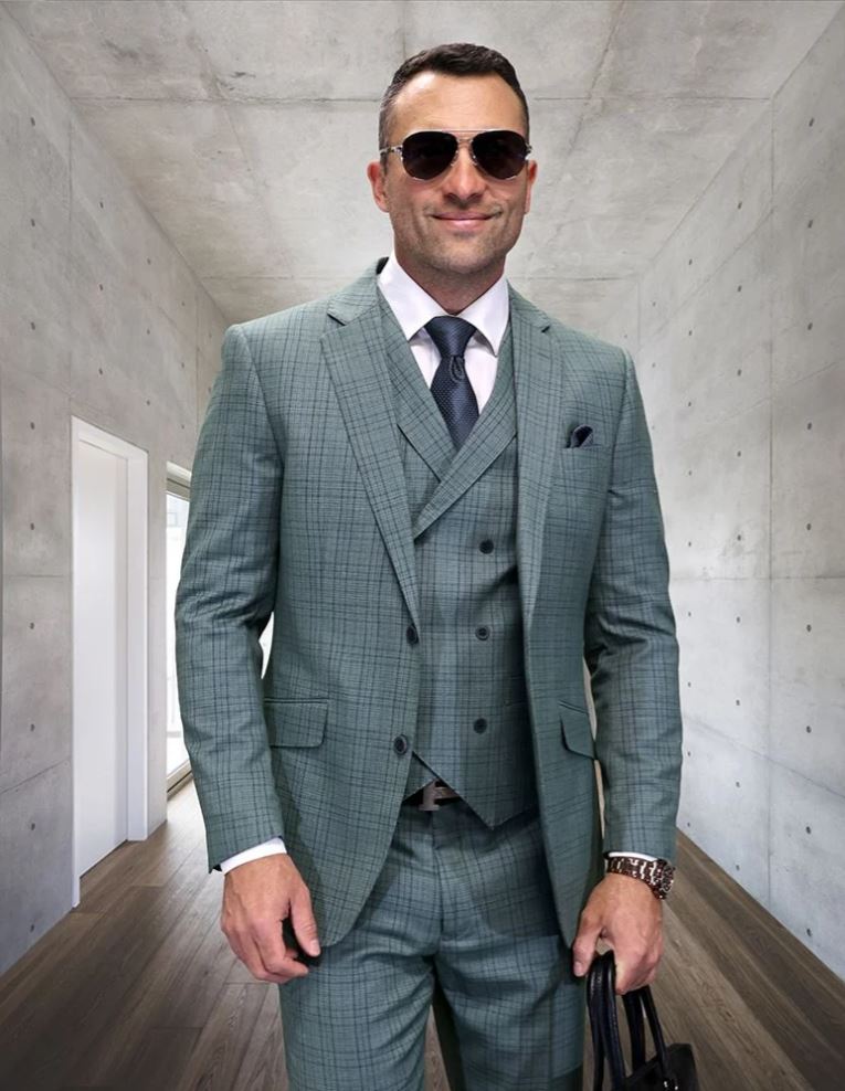 Statement Men's 3 Piece 100% Wool Fashion Suit - Textured Plaid in Sage
