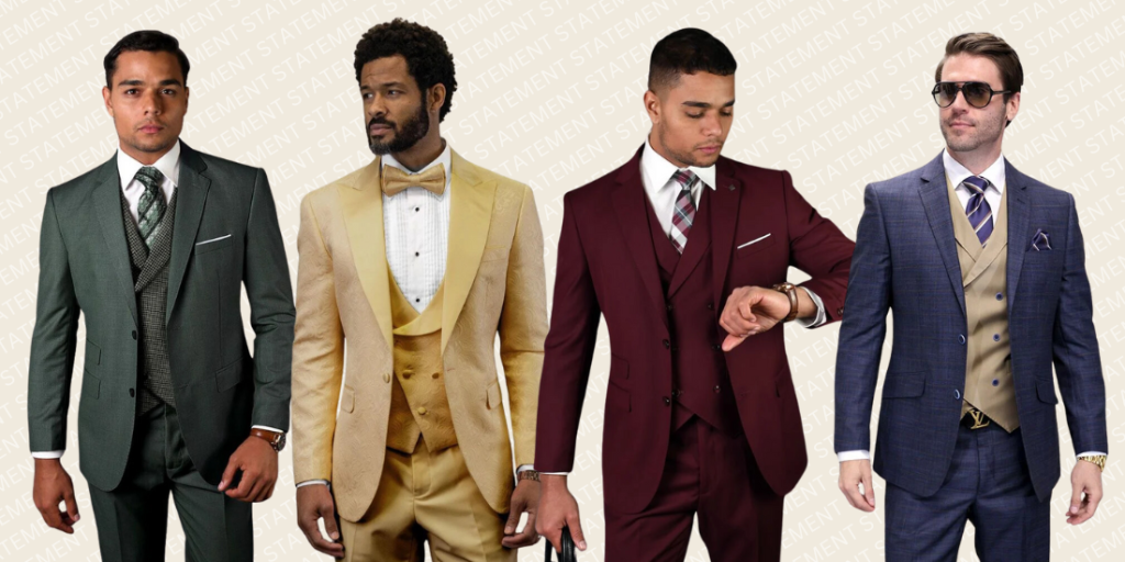 various three-piece statementbrand suits in emerald, gold, maroon, and a blue/tan combo