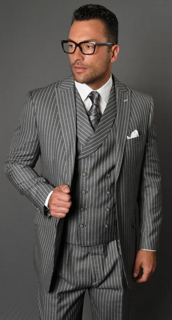 Statement Men's 3 Piece 100% Wool Suit - Fashion Pinstripe in Grey