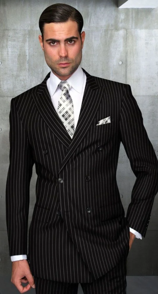 Statement Men's 2 Piece 100% Wool Double Breasted Suit - Bold Pinstripe in Black