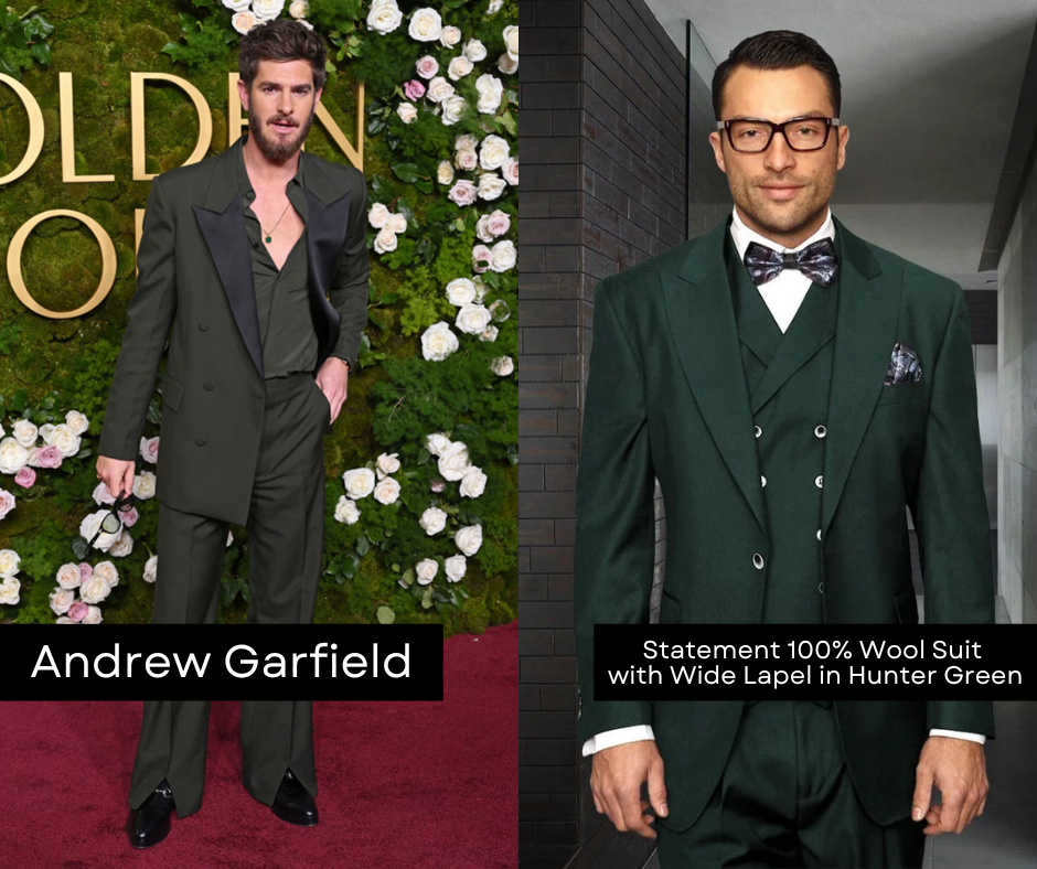 Andrew Garfield on Golden Globes red carpet wearing green suit, side by side with CCO Menswear suit that looks similar. Best menswear looks