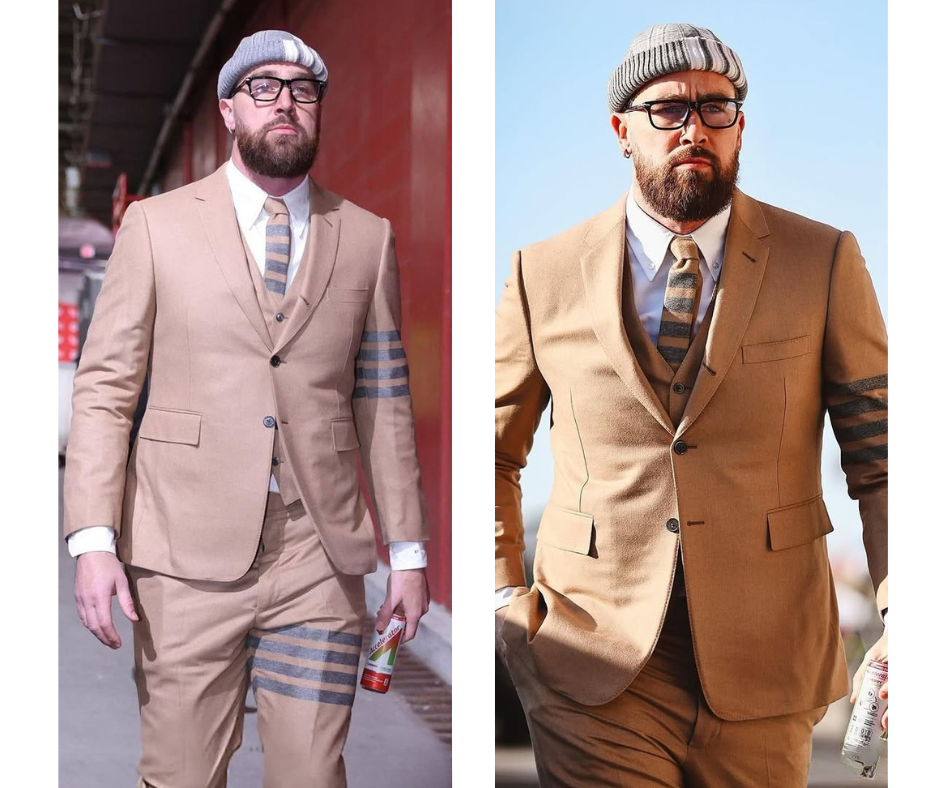 Travis Kelce in tan suit with striped arm band and thigh detail — NFL fashion