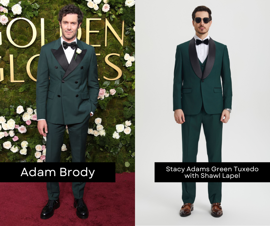 Adam Brody on Golden Globes red carpet wearing green and black wide lapel suit, side by side with CCO Menswear suit that looks similar. Best menswear looks