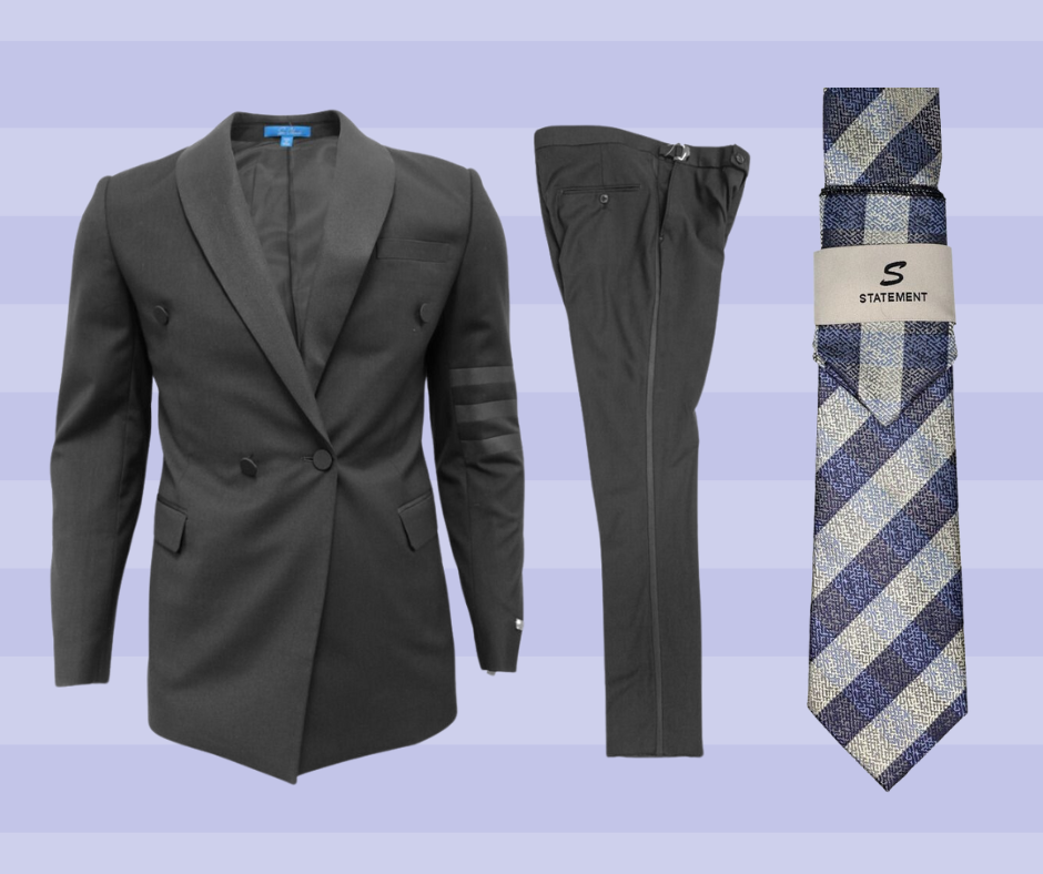 Bryan Michaels 2-piece tuxedo with accent arm band and diagonal striped tie — NFL Fashion