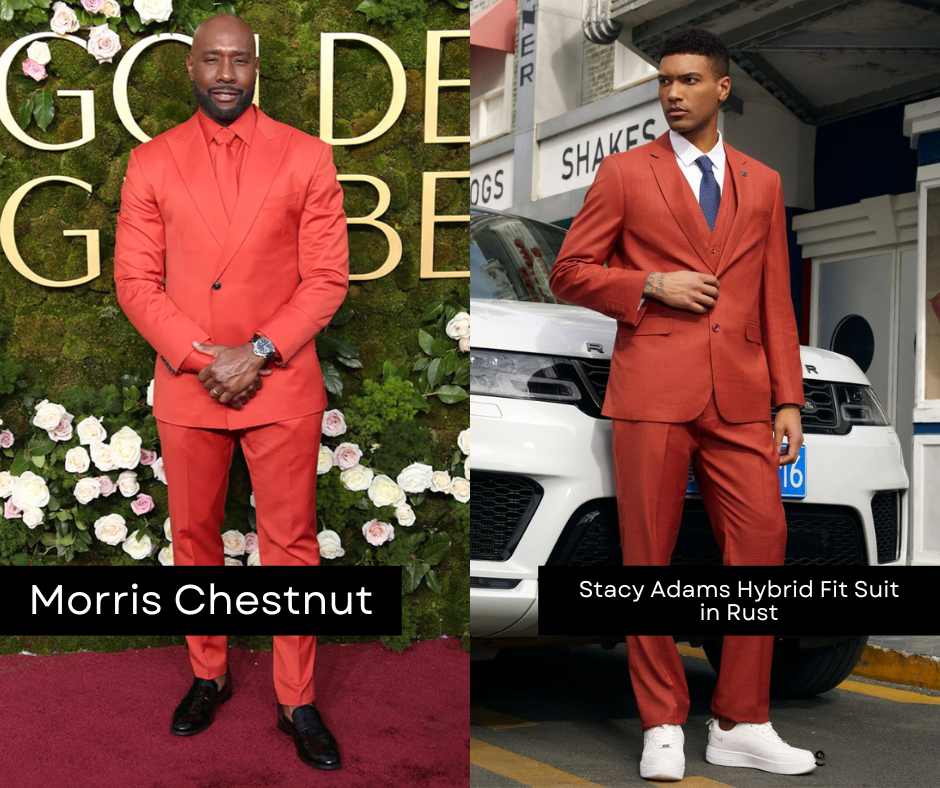 Morris Chestnut on Golden Globes red carpet wearing monochrome red suit, side by side with CCO Menswear suit that looks similar. Best menswear looks