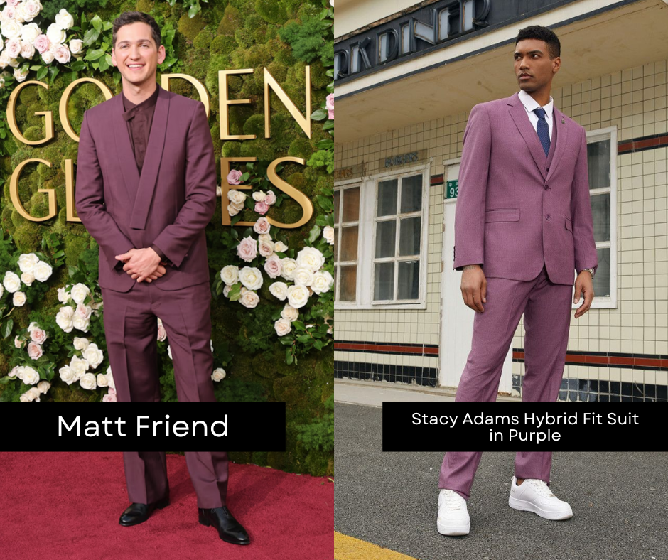 Matt Friend on Golden Globes red carpet wearing purple monochrome suit, side by side with CCO Menswear suit that looks similar. Best menswear looks