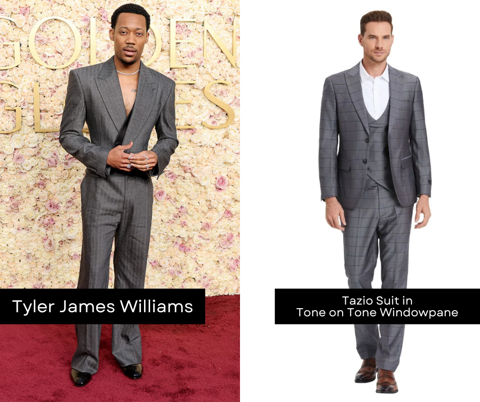 Tyler James Williams on Golden Globes red carpet wearing grey suit, side by side with CCO Menswear suit that looks similar. Best menswear looks