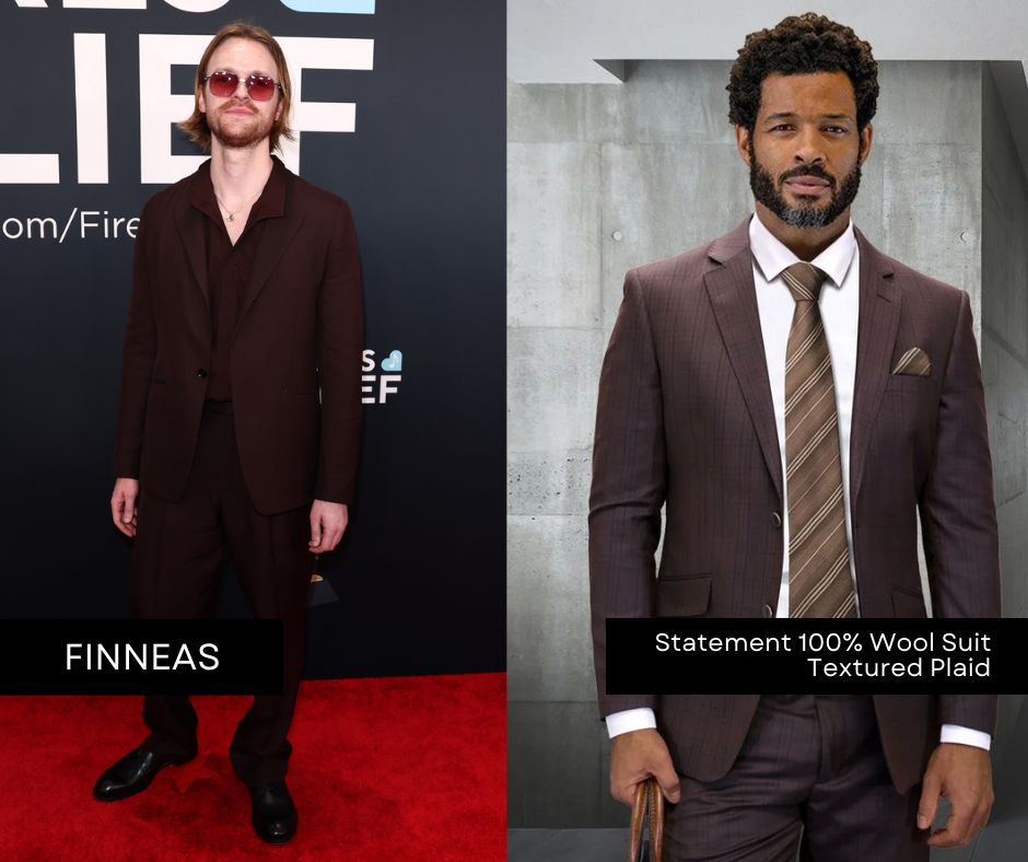 FINNEAS wearing maroon brown suit on Grammys red carpet side by side with similar suit from CCO Menswear