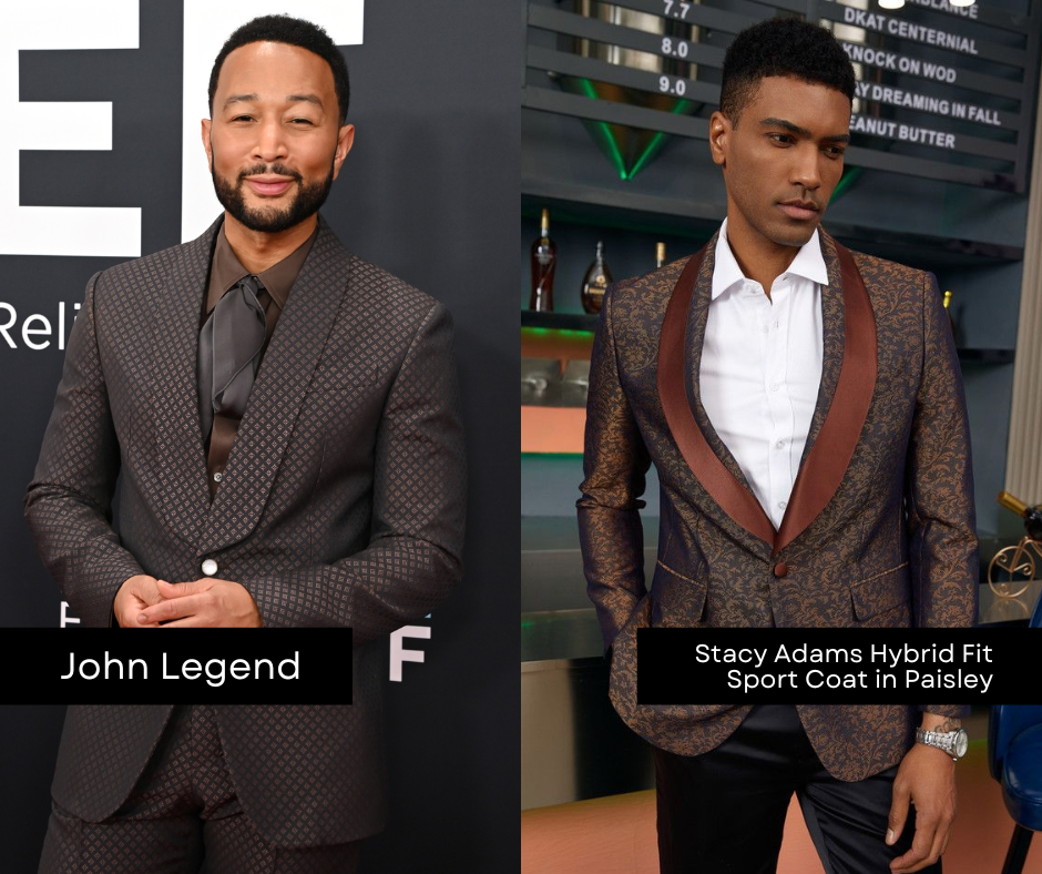 John Legend on Grammys red carpet wearing monochrome brown suit side by side with similar brown suit from CCO Menswear