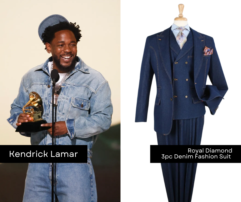Kendrick Lamar accepting Grammy wearing all denim outfit, side by side with denim suit from CCO Menswear